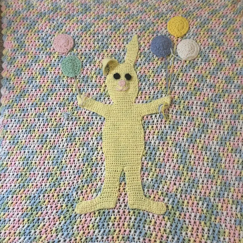 Infant Baby Blanket Handmade‎ Crochet Rainbow Pastel Bunny Balloons 52x38